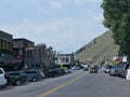 Wide street shot with cars parked on the streetsides in Jackson Hole