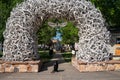 Black Labrador Retriever dog poses at the elk antler arch in Jackson Hole Wyoming Royalty Free Stock Photo