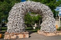 The elk antler arch welcoming visitors to Jackson Hole Wyoming is located in the town Royalty Free Stock Photo