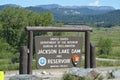 Jackson Lake Dam and Reservoir sign in the Grand Teton National Park, Wyoming Royalty Free Stock Photo