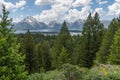 View of islands in a lake and a mountain range in the distance.