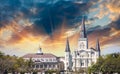 Jackson Square and Saint Louis Cathedral, New Orleans at sunset Royalty Free Stock Photo