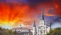 Jackson Square and Saint Louis Cathedral, New Orleans at sunset Royalty Free Stock Photo