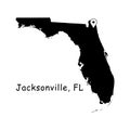 Jacksonville on Florida State Map. Detailed FL State Map with Location Pin on Jacksonville City. Black silhouette vector map isola