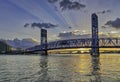 JACKSONVILLE, FLORIDA MAIN ST BRIDGE AT SUNSET WITH GOD RAYS Royalty Free Stock Photo