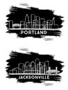Jacksonville Florida and Portland Oregon City Skyline Silhouette Set Royalty Free Stock Photo