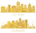 Jacksonville Florida and San Diego California USA City Skyline Silhouette Set Royalty Free Stock Photo