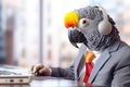 Jaco parrot in a business suit and headphones working in the office on a laptop. The concept of working in a call center