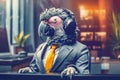 Jaco parrot in a business suit and headphones working in the office on a laptop. Telemarketing concept Royalty Free Stock Photo