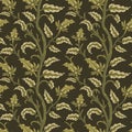 Jacobean embroidery floral seamless camouflage pattern. Fantasy baroque olive print with leaves and branches.