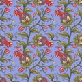 Jacobean embroidery floral seamless pattern. Fantasy baroque blue print with army green leaves and red tulip flowers.