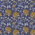 Jacobean embroidery floral seamless pattern. Fantasy baroque blue print with leaves and brown flowers. Royalty Free Stock Photo