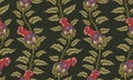 Jacobean embroidery floral seamless pattern. Fantasy baroque olive print with leaves and red tulip flowers. Royalty Free Stock Photo