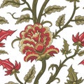 Jacobean embroidery floral seamless pattern. Fantasy baroque print with olive leaves and red tulip flowers. Royalty Free Stock Photo