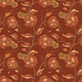 Jacobean embroidery floral seamless pattern.Fantasy baroque red brown print with leaves and yellow tulip flowers. Royalty Free Stock Photo