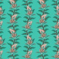 Jacobean embroidery floral seamless pattern. Fantasy baroque turquoise print with leaves and brown flowers. Royalty Free Stock Photo