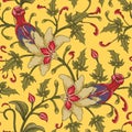 Jacobean embroidery floral seamless pattern. Fantasy baroque yellow print with leaves and red tulip flowers. Royalty Free Stock Photo