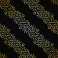 Jacquard effect wild meadow grass seamless vector pattern background. Gold black backdrop of leaves in elegant diagonal