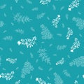Jacquard effect wild meadow grass seamless vector pattern background. Monochrome aqua blue backdrop of scattered leaves