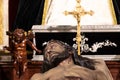 Jaen, Spain - June 18, 2020: Detail of the face of Christ death sculpture in a chapel of Basilica of San Ildefonso in Jaen,