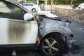 Jaffa, Tel Aviv, Israel. Burned car close up. Car after the fire, crime of vandalism, riots. Arson car. Accident on the Royalty Free Stock Photo