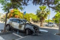 Jaffa, Tel Aviv, Israel. Burned car close up. Car after the fire, crime of vandalism, riots. Arson car. Accident on the Royalty Free Stock Photo