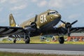 JAGEL, GERMANY - JUN 13, 2019: Vintage World War II warbird Douglas C-47 Dakota transport plane taxiing on Jagel airbase during it