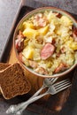 Jager Kohl spicy cabbage stew with potatoes, sausage, bacon and onions close-up in a bowl on the table. Vertical top view Royalty Free Stock Photo