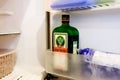 Jagermeister liquor in the freezer. Storage of a German alcoholic drink in the refrigerator at home
