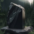 jagged black stone embedded in the side of a mountain background for cosmetic products, mock up pedestal AI generation