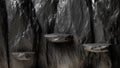 jagged black stone wall stone slabs steep cliffs concept stand podium fashion cosmetic skin care or beauty products.