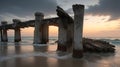 Jagged broken pier piling eroded by sea and bleached gray by the sun