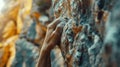 The jagged edges of a rock climbers hand gripping onto the wall captured in a closeup shot of their ascent Royalty Free Stock Photo