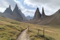 jagged mountain peaks in the distance, with trail markers leading the way Royalty Free Stock Photo