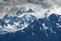 Jagged peaks of the Olympic Mountains covered by snow and clouds