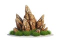 Jagged rock formation with lush greenery isolated on white background Royalty Free Stock Photo