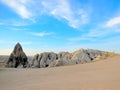 Jagged rock formation and sand