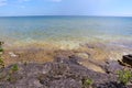 The jagged, rocky shoreline of Lake Michigan in the summer in Cave Point County Park, Wisconsin Royalty Free Stock Photo