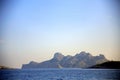 Jagged rocky wall silhouette on azure sea, at sunset, Parc National des Calanques, Marseille, France Royalty Free Stock Photo