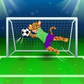 The jaguar as a goalkeeper catching the soccer ball near gates on the field