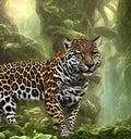 Jaguar big cat standing in Amazon jungle rainforest background