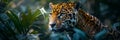 Jaguar blending in amazon rainforest, dappled sunlight, photorealistic composition