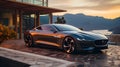Future Model Jaguar Car Parked By Modern Minimalist Architecture In Mediterranean - AI Generated