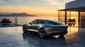 Future Model Jaguar Car Parked By Modern Minimalist Architecture In Mediterranean, Golden Hour - AI Generated