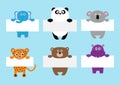 Jaguar cat, elephant, pands, koala, bear, hippo hanging on paper board template set. Cute cartoon funny character. Kawaii animal.