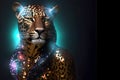 Jaguar in disco neon glitter glam shiny glow sequin outfit Royalty Free Stock Photo