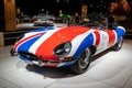 Jaguar E-Type 1967 retro sports car showcased at the Autosalon 2020 Motor Show. Brussels, Belgium - January 9, 2020
