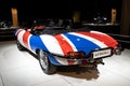 Jaguar E-Type 1967 retro sports car showcased at the Autosalon Motor Show. Brussels, Belgium - January 9, 2020