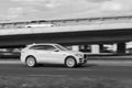 The Jaguar F-Pace is driving at high speed on the highway. Motion blur. Riga, Latvia - 02 Oct 2021 Royalty Free Stock Photo