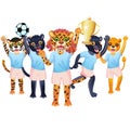 The jaguar girl with goblet, and the team of two panthers, tiger and lion is on the white background